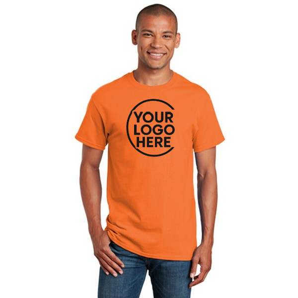 Man wearing custom logo promotional t-shirt.